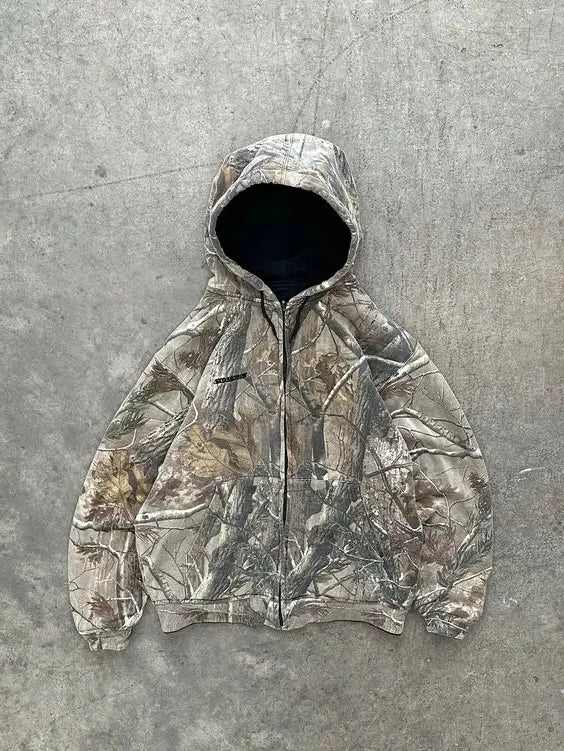 Y2K Retro Camo Graphic Oversized Zip Hoodie